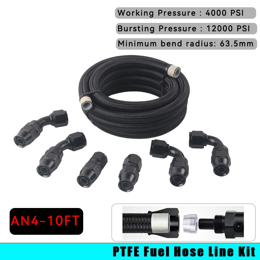 10FT AN4 6AN AN8 10AN PTFE Fuel Line Nylon Stainless Steel Braided Fuel Hose With PTFE Fuel Hose Fitting Black