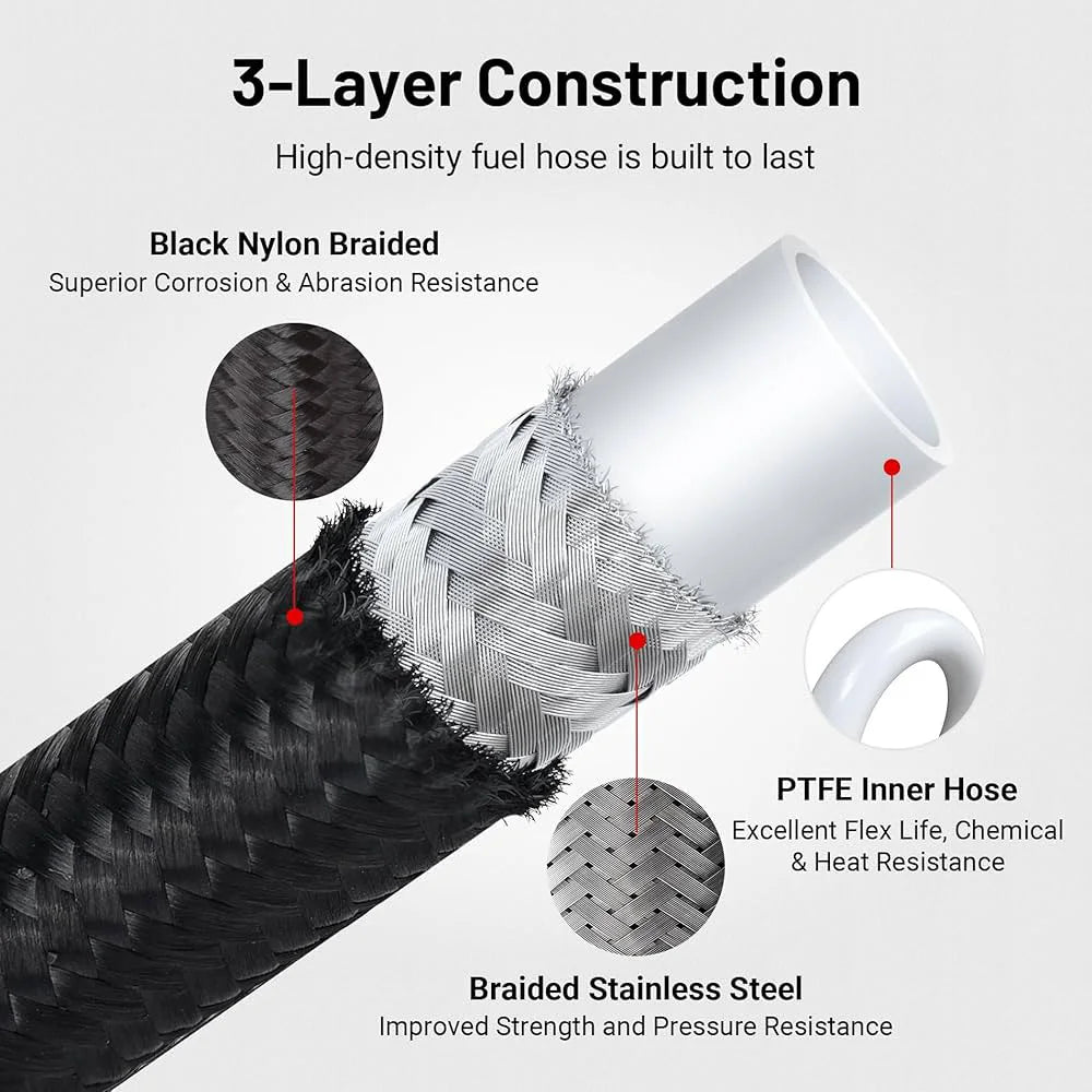 10FT AN4 6AN AN8 10AN PTFE Fuel Line Nylon Stainless Steel Braided Fuel Hose With PTFE Fuel Hose Fitting Black