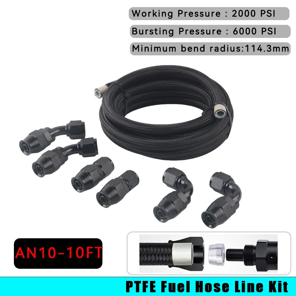 10FT AN4 6AN AN8 10AN PTFE Fuel Line Nylon Stainless Steel Braided Fuel Hose With PTFE Fuel Hose Fitting Black