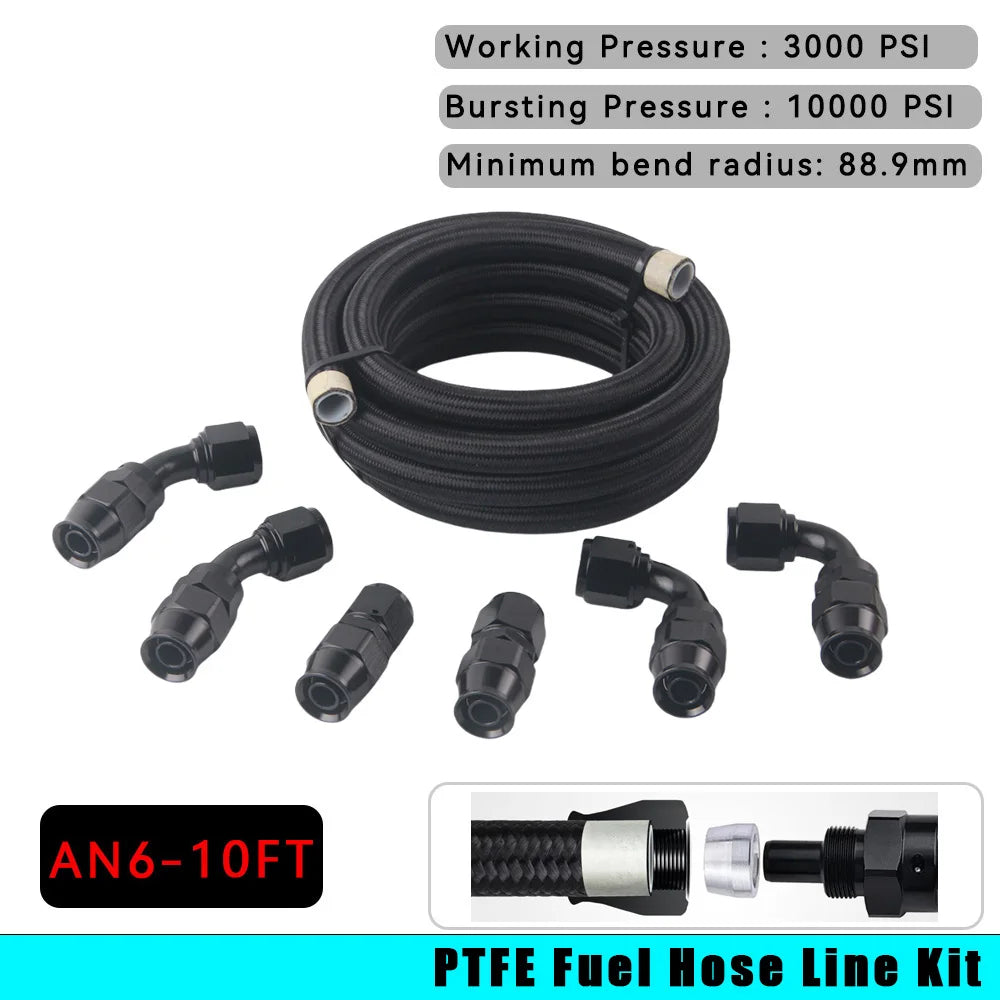 10FT AN4 6AN AN8 10AN PTFE Fuel Line Nylon Stainless Steel Braided Fuel Hose With PTFE Fuel Hose Fitting Black