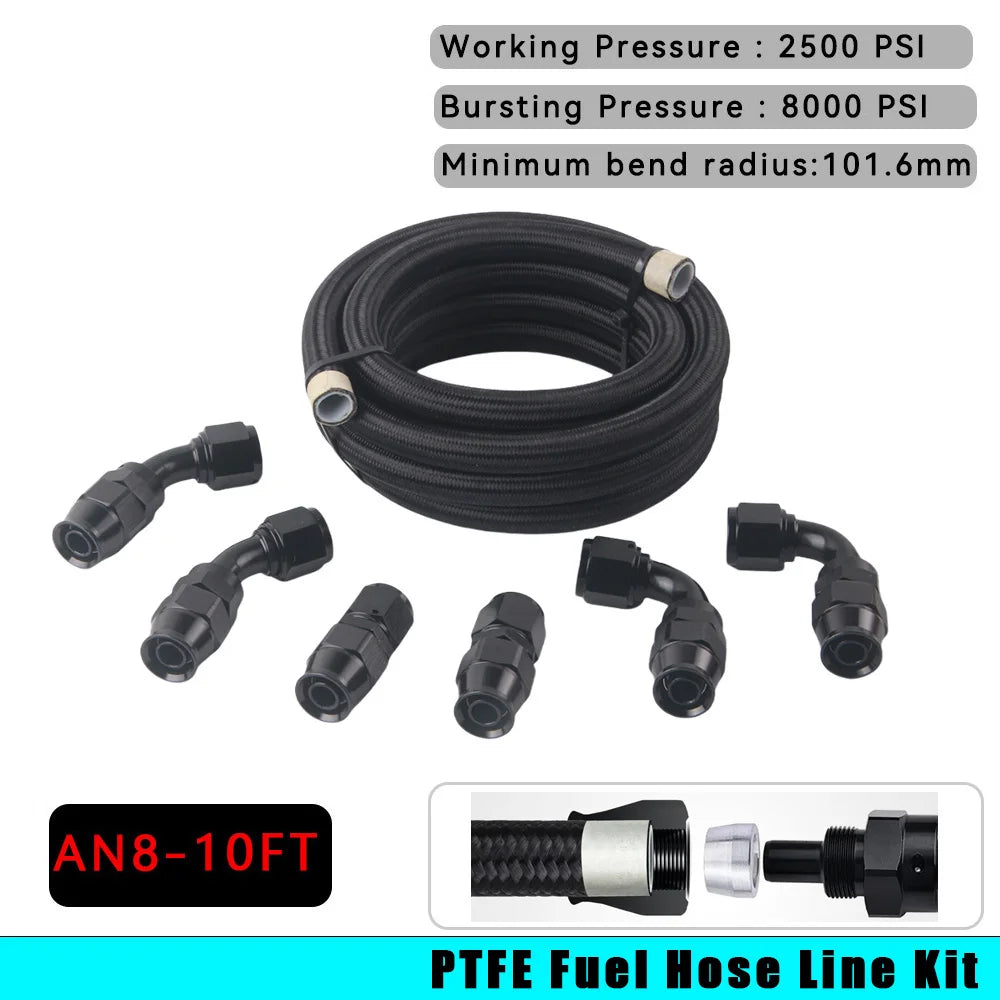 10FT AN4 6AN AN8 10AN PTFE Fuel Line Nylon Stainless Steel Braided Fuel Hose With PTFE Fuel Hose Fitting Black